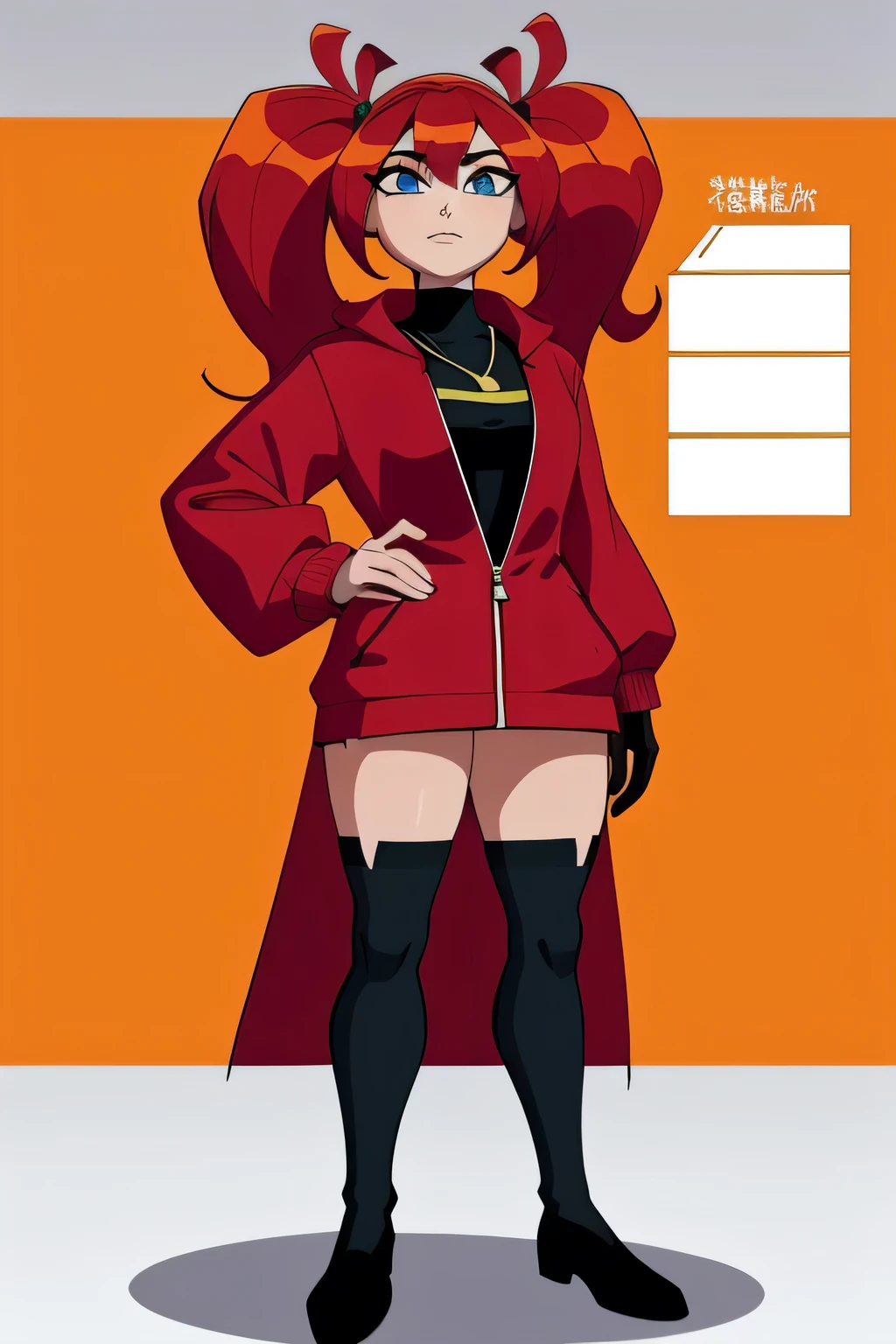 anime style, A highly detailed and realistic 3D model of a young woman standing confidently in front of an orange wall. She has red hair styled in two ponytails and blue eyes.. She wears a red jacket over a black dress., black gloves, and white socks up to the thighs. She has a pair of sunglasses resting on her head.. The model should include subtle movements in her hair and the fabric of her jacket., As if a gentle breeze were passing by. The scene takes place on a concrete surface with shadows cast on the ground., providing a realistic urban environment. The background should be simple and interior with neutral colors.. The model should be photorealistic and highly detailed., showing the character's elegant and modern look. Make sure the model captures her confident stance and natural proportions., with special attention to the detailed outfit and accessories, full body, model sheet, character design sheet,
