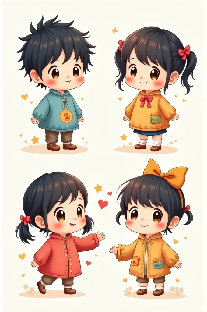 Character image wearing cute Korean children's clothes for two male and female characters with 4 different expressions and poses chibi style art (chibi style)