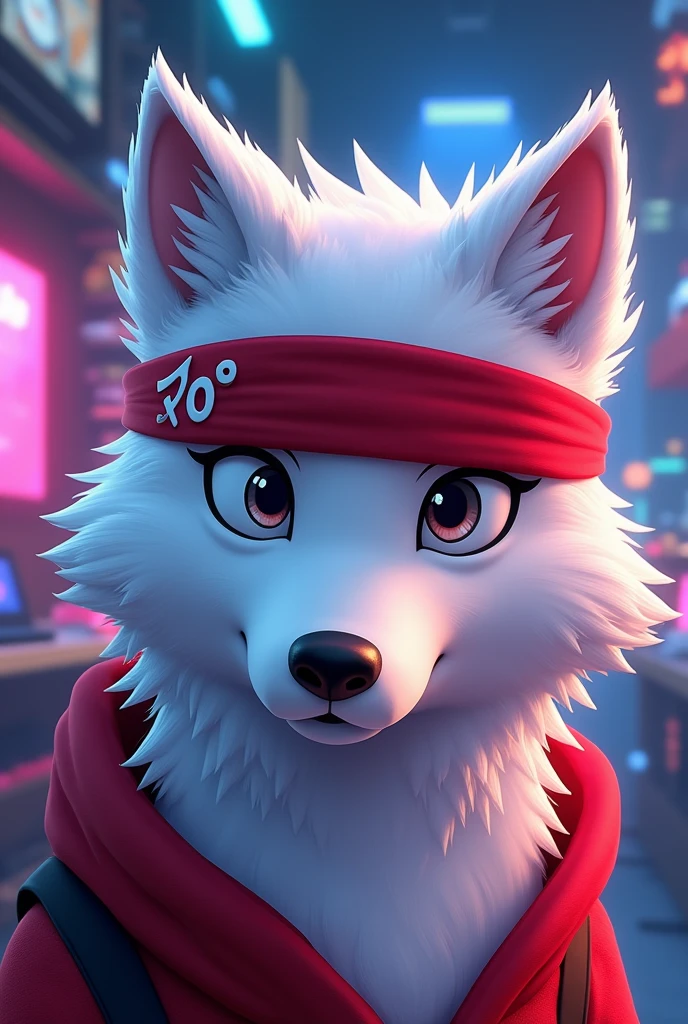 An animated white wolf with only its head and neck visible, wearing a red headband across its entire head like a ninja, with a gamer room in the background. 