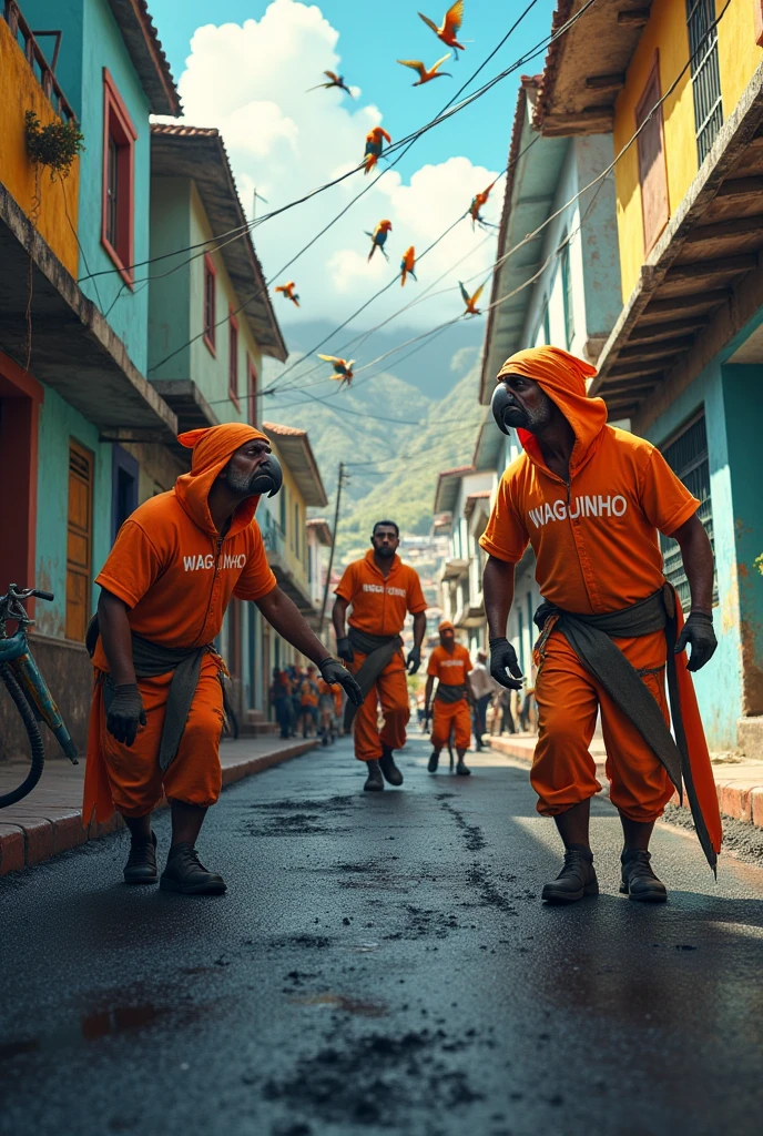 Image of a street in a Brazilian favela in Rio de Janeiro with men working with asphalt, with several parrots dressed as pirates wearing orange suits with the name Waguinho