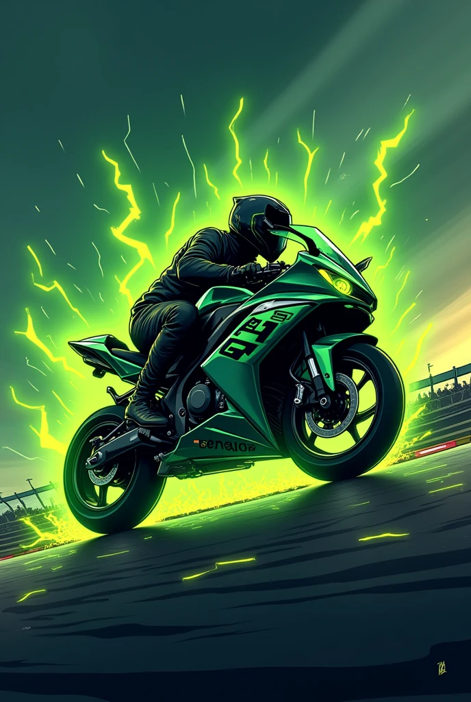 a thematic logo the silhouette of a green lightning bolt that is shaped like a Kawasaki Ninja 300 displacement motorcycle, falling on the track, The bike is in profile and under the surface it says "Green ray" "You don't need wings to fly", The logo is a cartoon and