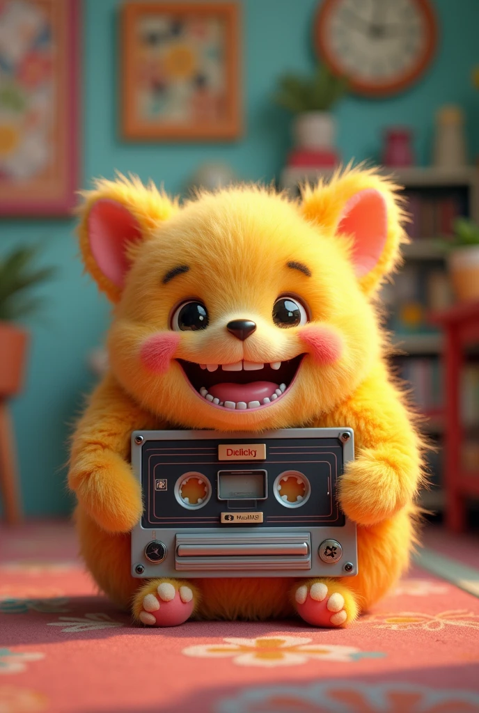 A cassette player, fluffly, Grinning