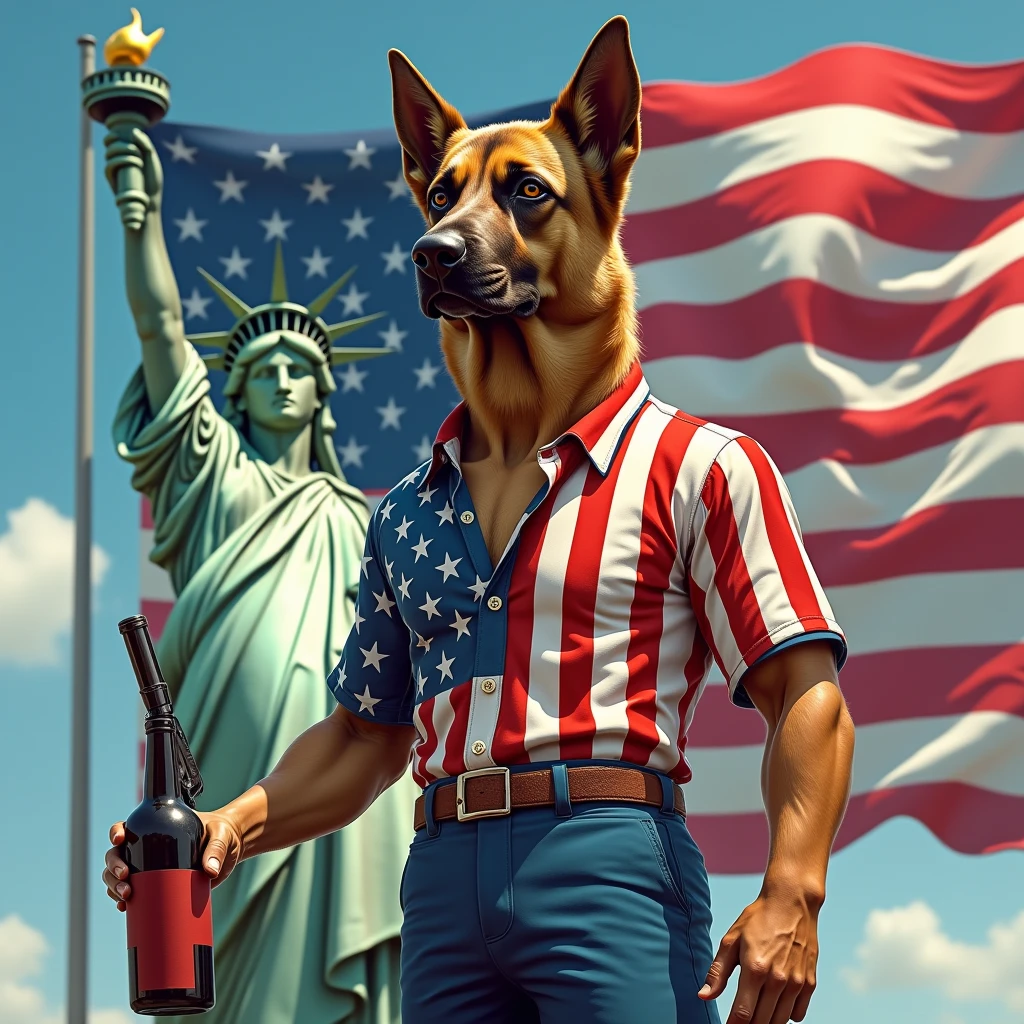 A German Shepherd dog in humanoid form wearing an American patriotic outfit, holding a pistol in one hand and a bottle of wine in the other, with the Statue of Liberty and the American flag in the background.