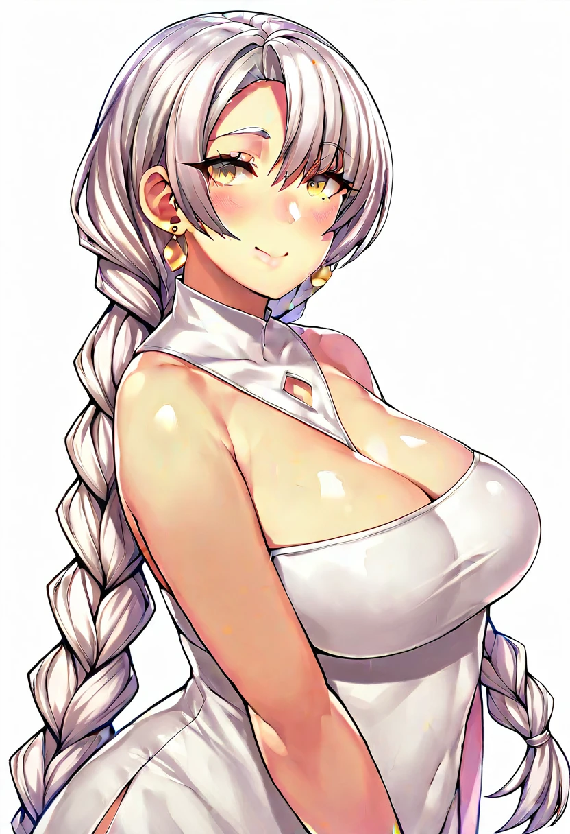 score_9,score_8_up,core_7_up, 1girl, blush, braid, braided ponytail, closed mouth, dress, earrings, eos (neural cloud), from side, hole in chest, hole on body, jewelry, long hair, looking at viewer, portrait, shiraeda, simple background, single earring, smile, solo, upper body, white background, white dress, white hair, yellow eyes