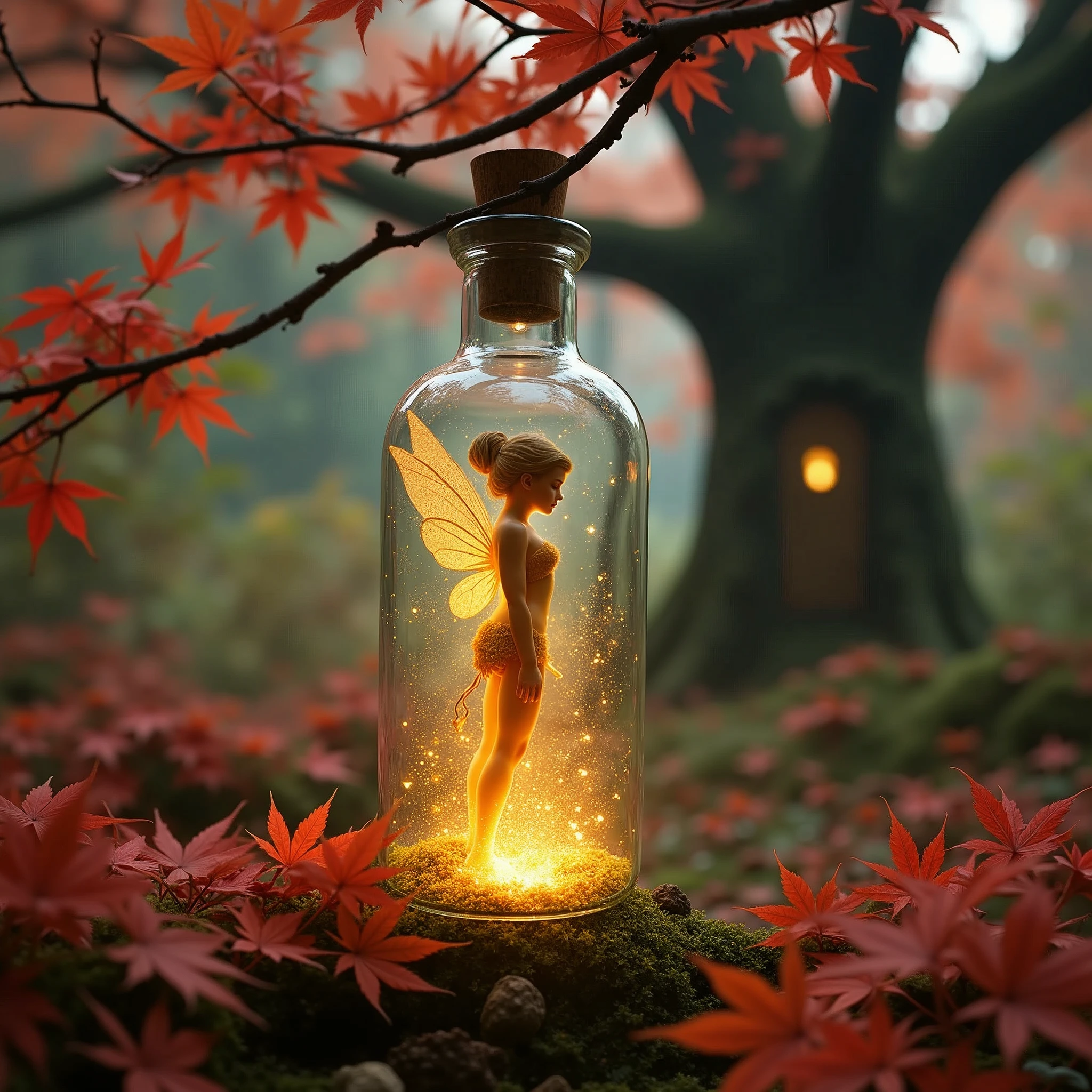 Close-up photo of a glass bottle with Tinkerbell, a cute 21-year-old girl, trapped inside, very attractive, beautiful, with the most incredible lighting emanating from it, golden light, the blue bottle hangs from a branch in the forest of reddish and pink maple leaves, (in the background a tree with a wooden door with the illuminated window, a black and dark tree), RAW photo