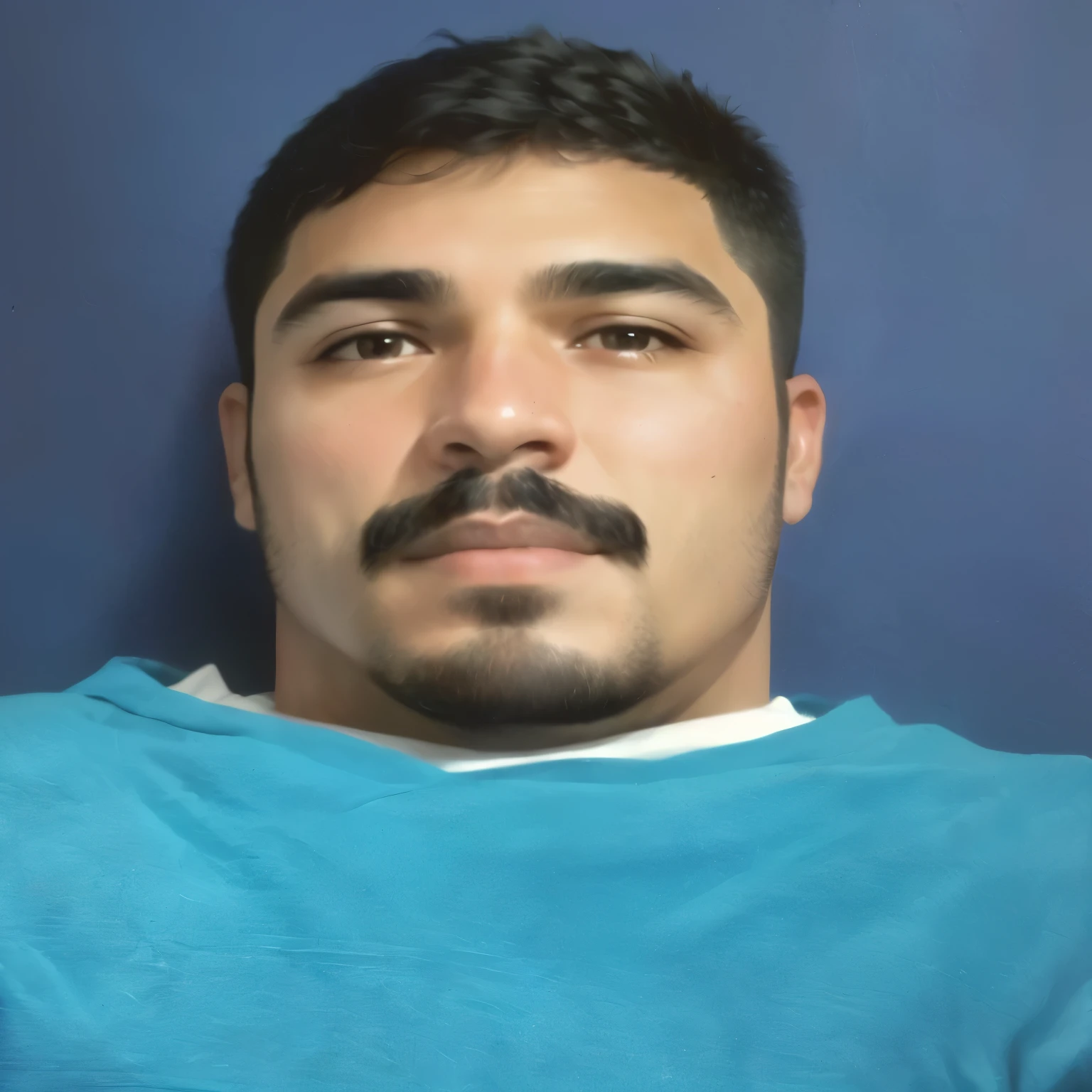 Man with a mustache and a blue shirt, (age 38), 32 years old, 28 years old, 27 years old, 29-years-old, André Rios, david rios ferreira, about 3 5 years old, age 38, frontal image, José Miguel Roman France, photo realist, 4 0 years old man
