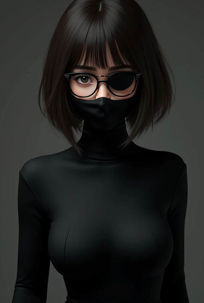 A brunette wearing glasses with an eyepatch over her left eye, dressed in black with a mask and bangs.