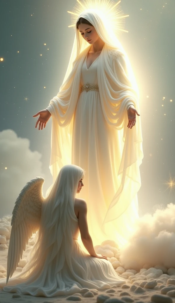 A beautiful angel kneeling before the Virgin Mary