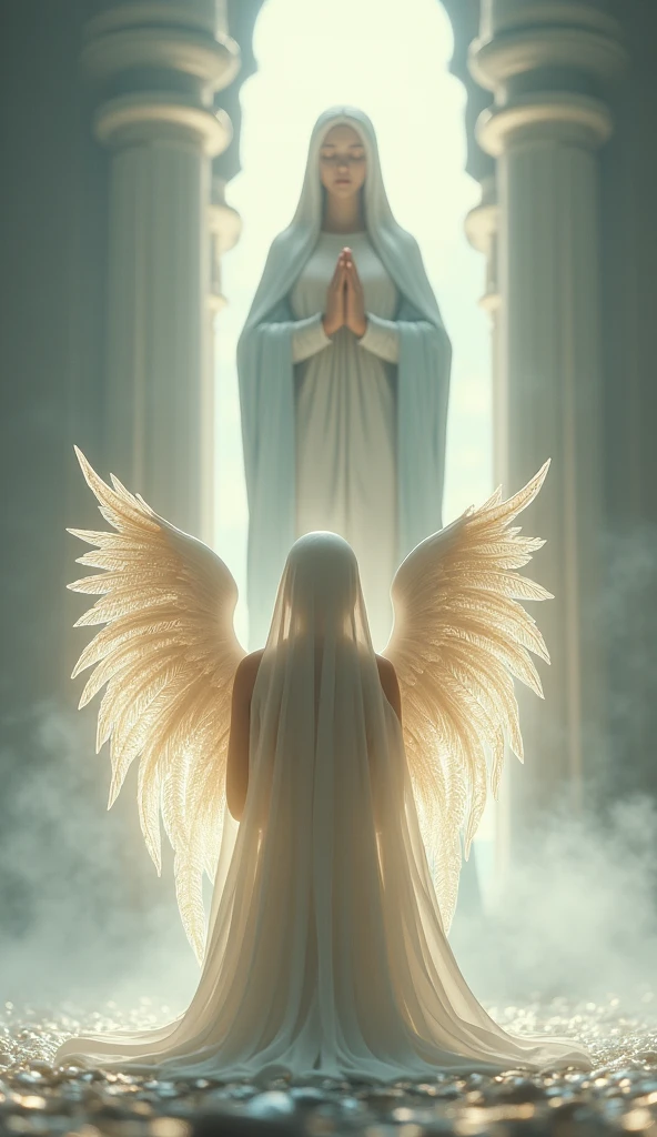 A beautiful angel kneeling before the Virgin Mary