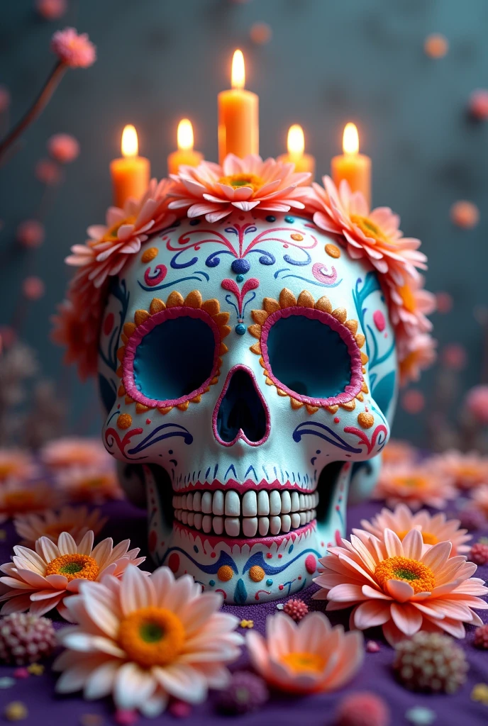 Sugar skull with candles in the shape of a crown and marigold flowers in pastel colors 