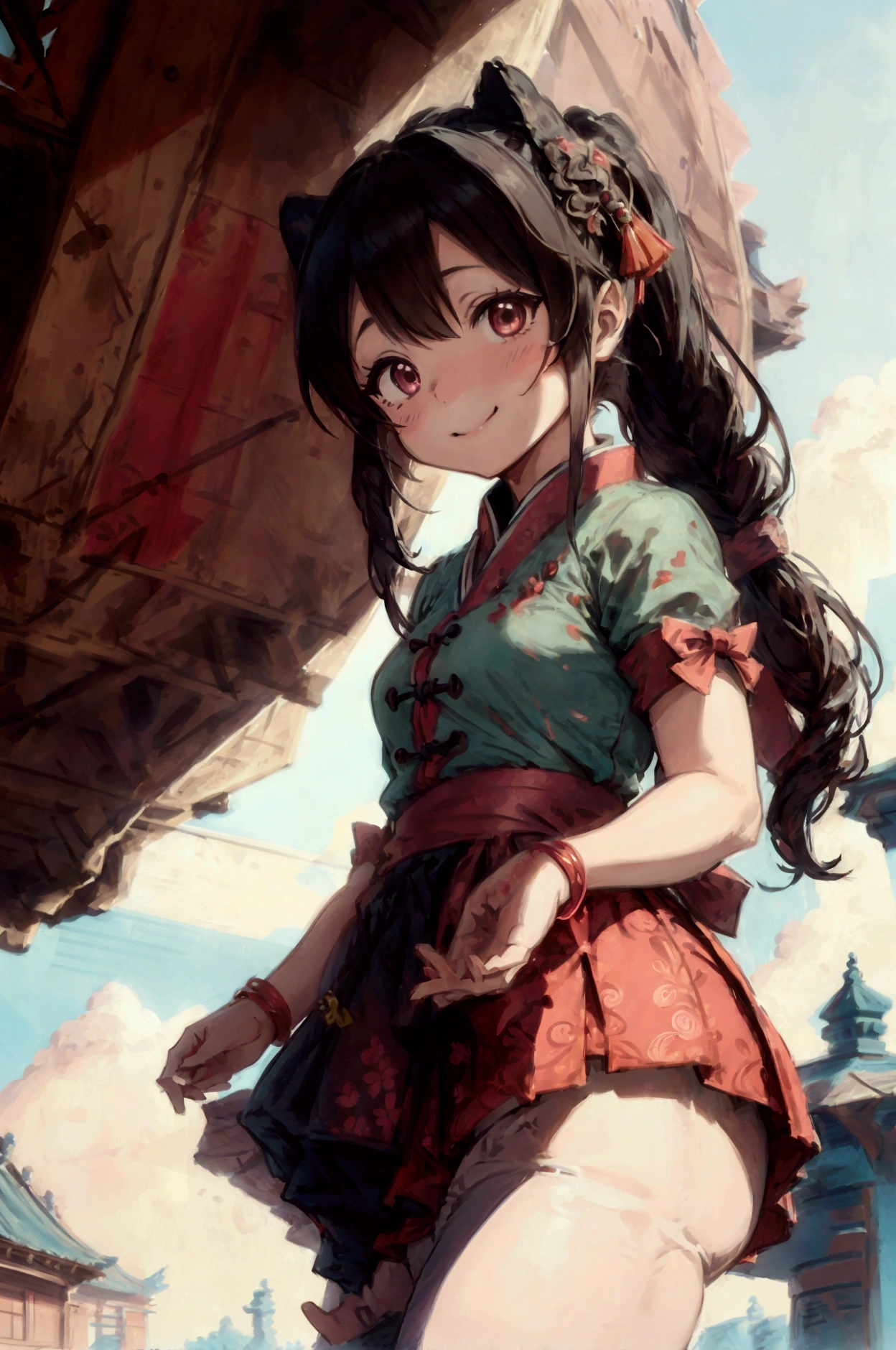 A cute girl dressed as Pigsy,Her hair is short,Chinese-style long pants,A mischievous smile