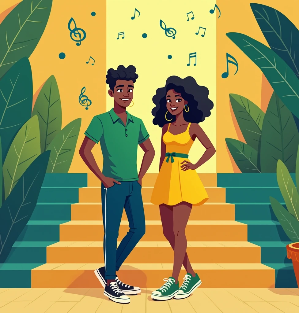 Create an illustration of two characters in a flat design style, standing in front of a large staircase painted with the Brazilian flag. The characters should be diverse: one is a man with black hair and medium brown skin, and the other is a woman with dark skin and curly hair. Both characters are smiling and appear very happy. Their outfits should incorporate the colors of the Brazilian flag, such as green, yellow, and blue. For example, the man could be wearing a green shirt with blue pants, and the woman could be in a yellow dress with green accents.
Additional Elements:
Brazilian Music: Incorporate elements of Brazilian music into the scene. This could include:
Musical Instruments: Add flat design representations of traditional Brazilian instruments, such as a samba drum, a guitar, or a tambourine, either in the hands of the characters or as part of the background.
Musical Notes: Integrate musical notes or symbols floating around the scene to suggest a lively, musical atmosphere.
The background should feature a vibrant, solid color that complements the scene, emphasizing the joyful and celebratory mood. The overall composition should convey a sense of pride and happiness, with the characters standing confidently on or near the staircase, their expressions full of excitement.