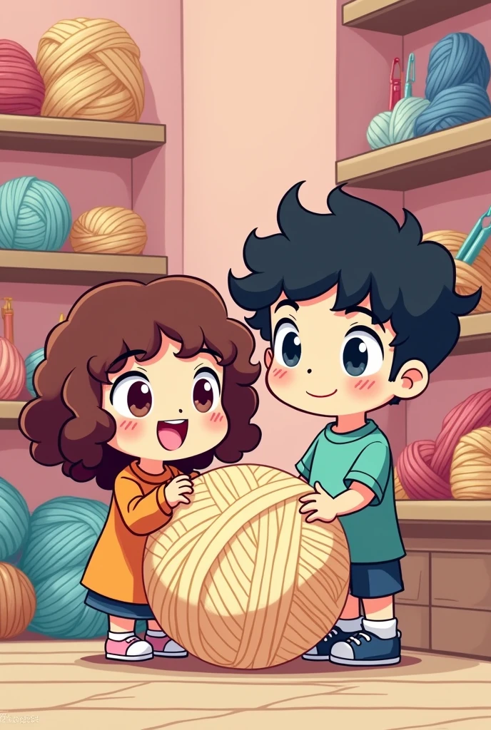 Chibi drawing of a crochet business with a chubby, curly-haired teenage girl and a skinny boy with a low fade hairstyle in anime style, with a giant ball of yarn in the center for a custom logo with a title "Crochet Eros"

