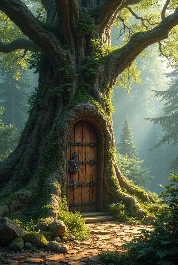 Realistic image of a tree with a small door in its trunk.  in a dense forest
