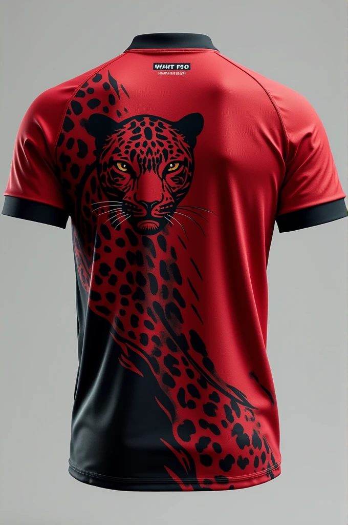 Team jersey front and back, with a jaguar drawn on the rib part red and black background and jaguar scratches, with brown eyes