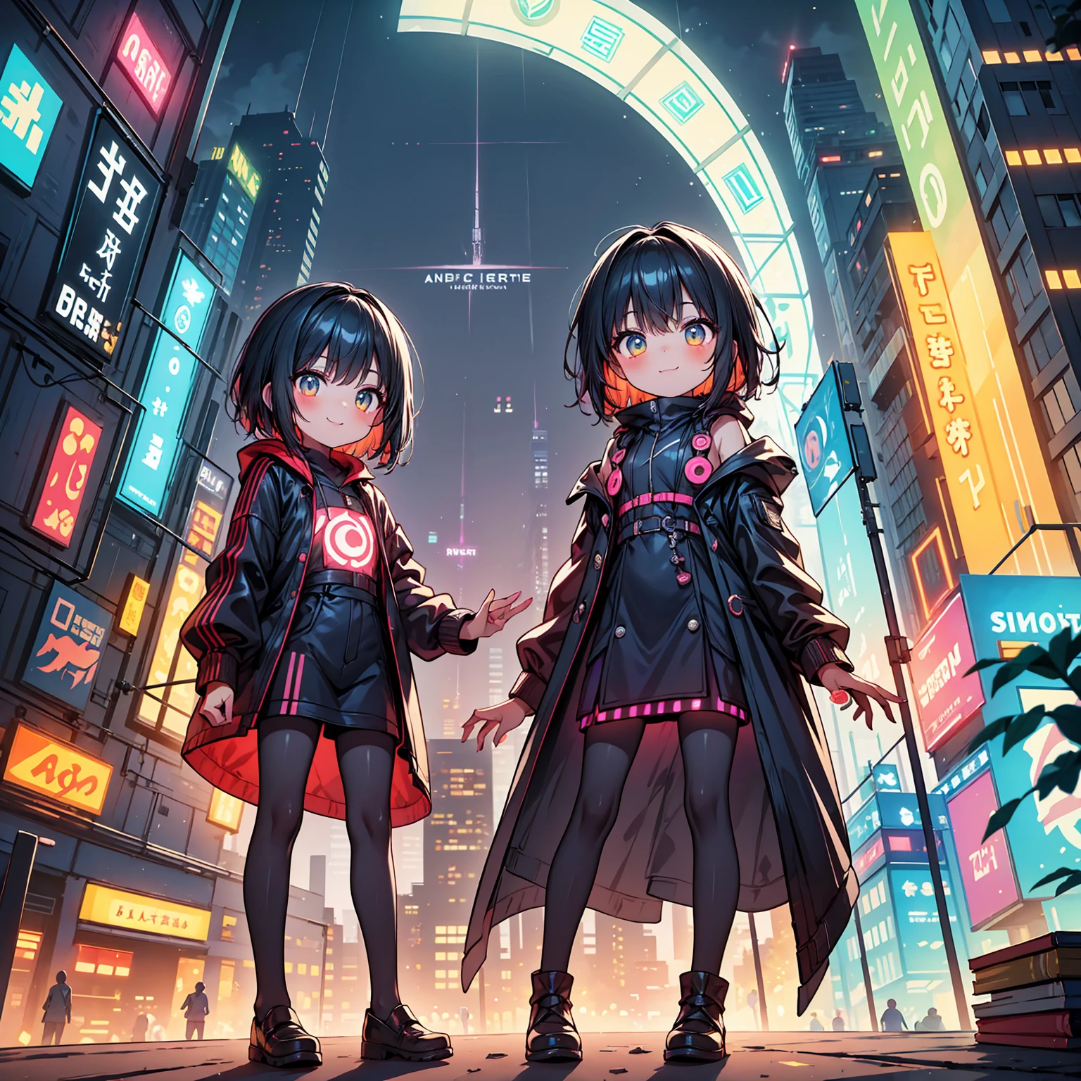 (masterpiece, highest quality, 16k, hzk) A cute chibi girl with bright eyes and short hair, wearing a captivating smile, walking through a neon-lit cyberpunk city at night. The scene features vibrant neon lights, futuristic skyscrapers, and a bustling urban atmosphere. The girl is dressed in a stylish, colorful outfit that complements the neon lights, and the overall aesthetic is whimsical and magical.