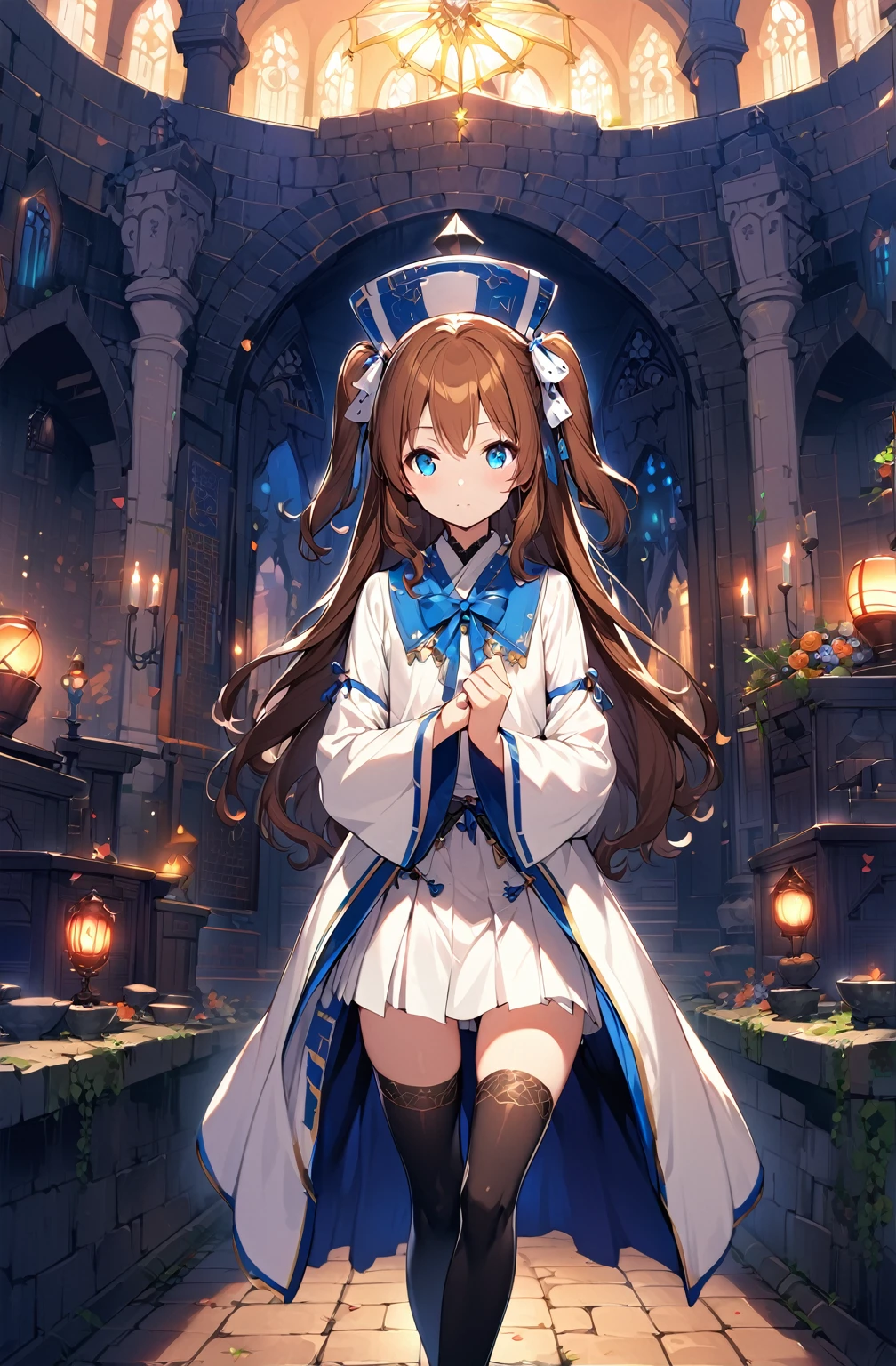 1girl,  solo, outdoors, long hair, holy place, Original,(Illustration:1.1),(Best Quality),(masutepiece:1.1),(the Extremely Detailed CG Unity 8K Wallpapers:1.1), (Colorful:0.9),(mid-shot:0.95),(extremely detailed beautiful face),(Solo:1.2), (girl),(((Lori))), (Detailed beautiful eyes:1.15), (Beautiful face:1.15), (Glowing blue eyes:1.25////),(((Brown Long Hair))),(two side up),(+perfect hand+:1.21),(Draw illustration of Japan priestess costume),(slender),(White pleated skirt),(Gothic),((black thighhighs)),(frilld),(Beautiful Slender Lolita Girl),hallowween,standing, girl,10 years old,  girl,