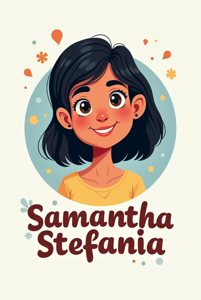 I need a girl with black shoulder-length hair, brown skin, and a logo that says Samantha Stefanía. It should be animated, chubby-cheeked, and for a logo.