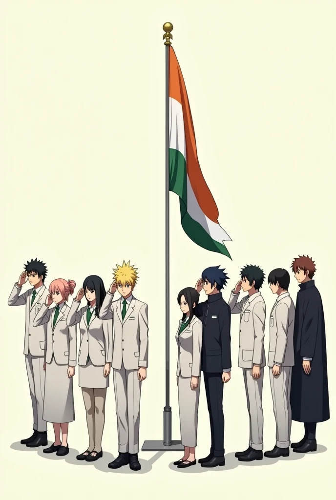 (Anime) naruto,Hinata,sasuke,itachi,kakakashi,Levi,eren,Minati,mikasa,ryomen sukuna, gojo.   Saluting to the Indian flag with a white suit and white shoes and pant