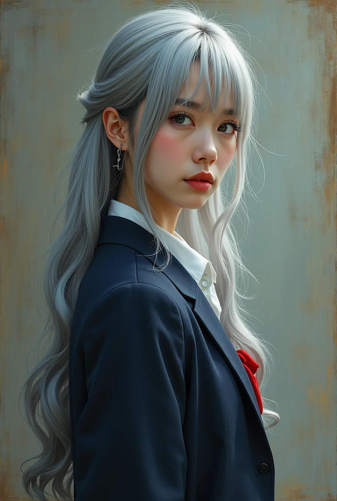 A seemingly age-defying, gray-haired woman 50 years old exudes a youthful aura as she dons the traditional uniform of a Japanese high school student. Her long, silver locks cascade down her back, adding a unique twist to her appearance. The image, which appears to be a hyper-realistic painting, captures every wrinkle and strand of hair with stunning detail. The woman's wise yet youthful gaze and confident stance suggest a depth of character beyond her years. The colors and textures in the painting are rich and vivid, immersing the viewer in the intriguing story of this extraordinary student.
