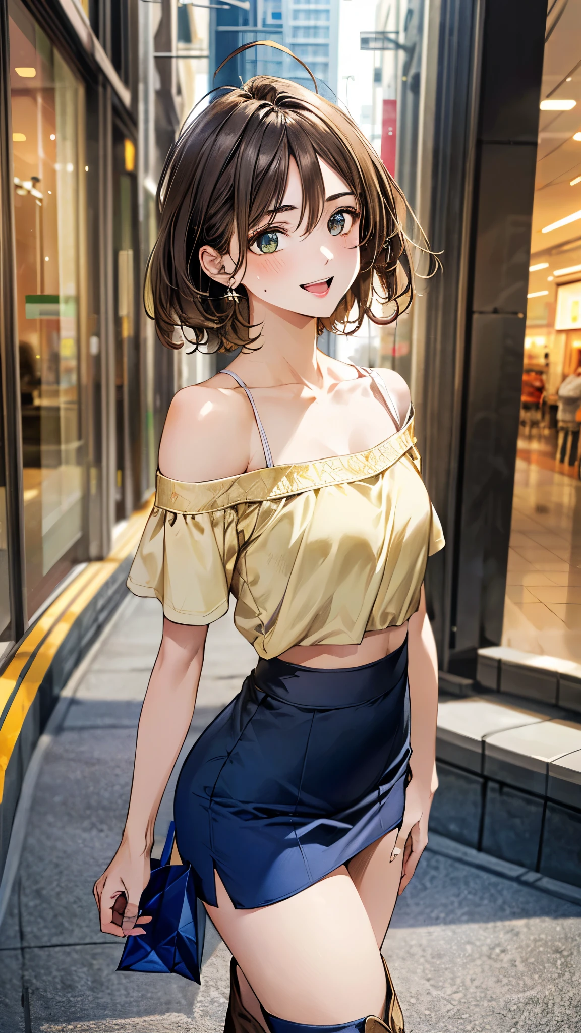 (masterpiece:1.3, top-quality, ultra high res, ultra detailed), (realistic, photorealistic:1.4), beautiful illustration, perfect lighting, natural lighting, colorful, depth of fields, surrealism,
beautiful detailed hair, beautiful detailed face, beautiful detailed eyes, beautiful clavicle, beautiful body, beautiful chest, beautiful thigh, beautiful legs, beautiful fingers,
looking at viewer, 1 girl, high school girl, (perfect anatomy, anatomically correct, super detailed skin), cute and symmetrical face, babyface, perfect face, perfect eyes, shiny skin,
(short hair, sideburns, straight hair, light brown hair), ahoge, hair between eyes, blue-green eyes, big eyes, long eyelashes, (medium breasts, seductive thighs), slender, narrow waist,
(detailed cloth texture, break short sleeve off- shoulder yellow shirt, midriff:1.2, break light blue tight skirt, break white long boot), break
(beautiful scenery), evening, (shopping centre:1.2), standing, (lovely smile, open mouth small),