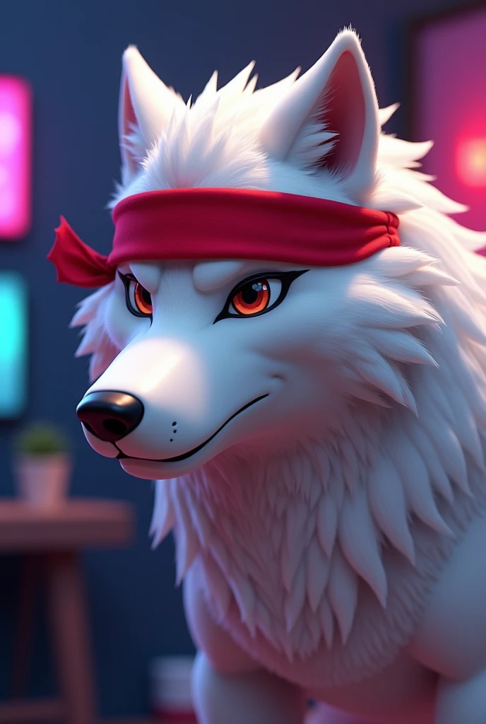 An animated white wolf with only its head and neck visible, wearing a red headband across its entire head like a ninja, with a gamer room in the background.