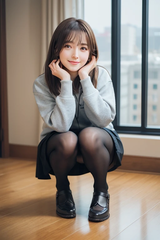 (Happy expression:1.26)、RAW Photos、(((Ultimate beauty full body photo shoot)))、((Glowing Skin))、1 girl、Beautiful girl from Prague、Bright expression、((Brown haired))、Dressed in a sweatshirt、Pleated skirt、View from the floor、(Long stockings or pantyhose)、(Under the skirt)、Spread your legs、Squat、Contrapuntal Shot、((Very detailedな))、(Perfectly detailed face)、(Great hands)、Photorealistic images、最high quality、Very detailedな、Film Light、Intricate details、High resolution、Very detailed))、Detailed Background、8 Quad HD、Digital single-lens reflex camera、Soft Light、high quality、Film Grain、Fujifilm XT3 、Shallow depth of field、natural Soft Light、Kamimei、