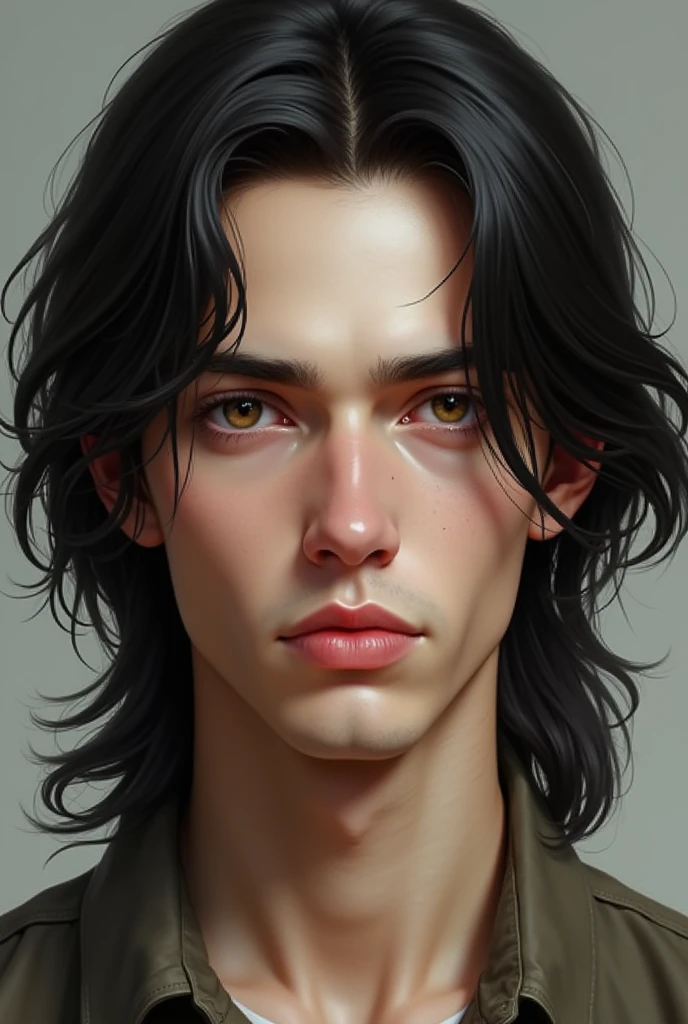 Gipsy, fair-skinned young man, long dark hair, not very sensual, thin lips, slim, big eyes and small, separated eyebrows, broad face 