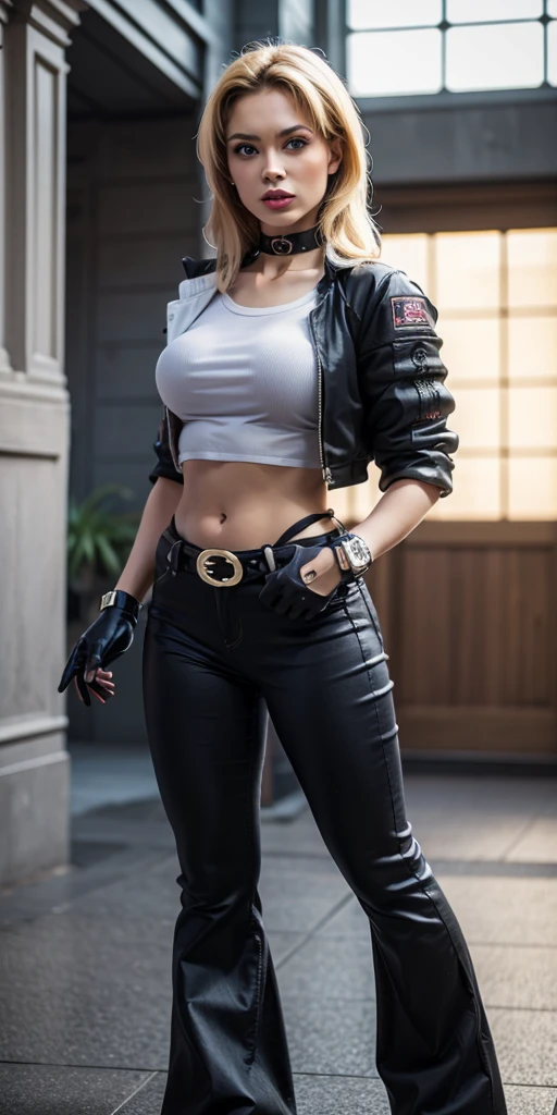 best quality, real picture, intricate details, ultra-detailed, ultra highres, masterpiece, sonyablade, 1girl, solo, long hair, blonde hair, cute blue eyes, breasts, choker, crop top, cropped jacket, black fingerless gloves, full body, jacket, combat boots, lipstick, makeup, (abs:0.3), midriff, navel, black pants (Wide flares on pants:1.2),
