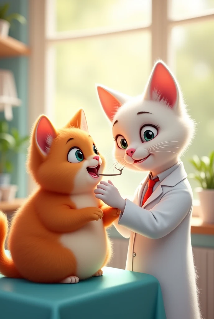 The poor fat orange kitten go to see dentist : the dentist is a white cat