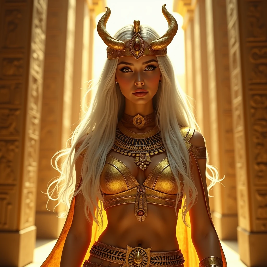 A girl with long white hair wearing a Pharaoh's outfit all in gold,She will be posing inside the pyramid,I want hieroglyphics on the walls and her to be beautiful and very realistic,I want her to be very sexy,I want that pharaoh thing on her chin and the snake crown too,I want everything to be gold, in reference to the god Ra.