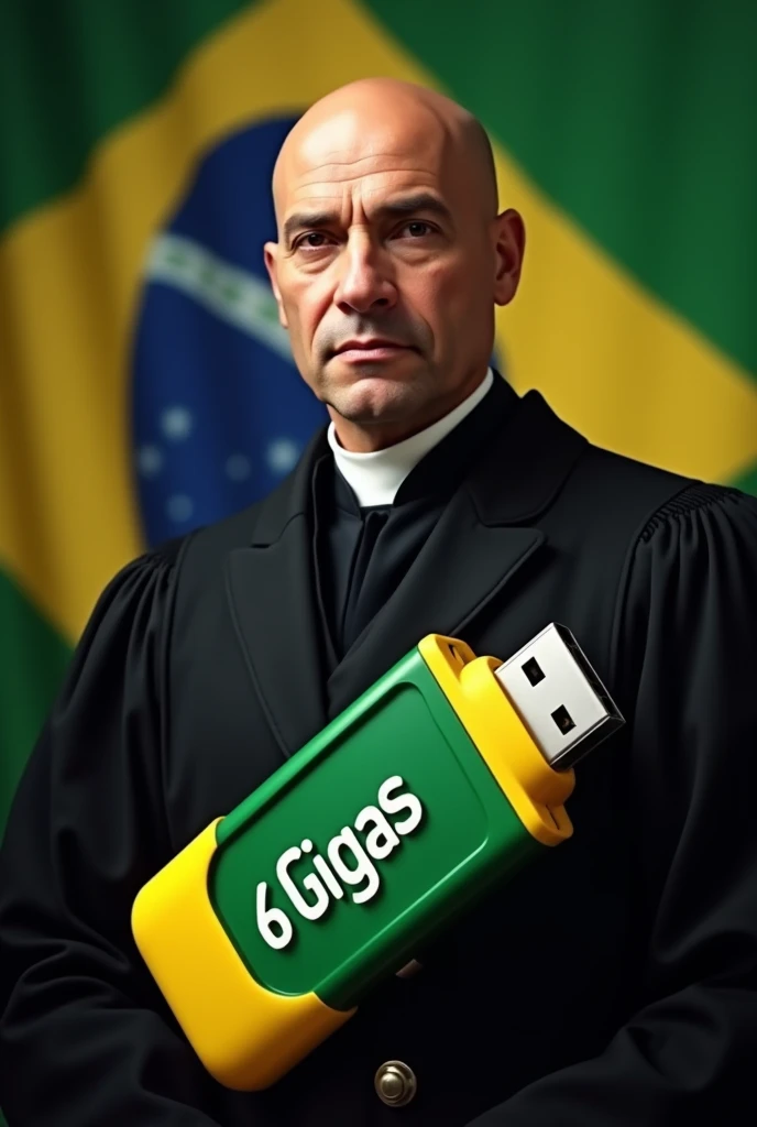 image of Minister Alexandre de Moraes in black robe, egg-shaped head
, Brazil's flag, a large green and yellow pen drive , written 6 Gigas .