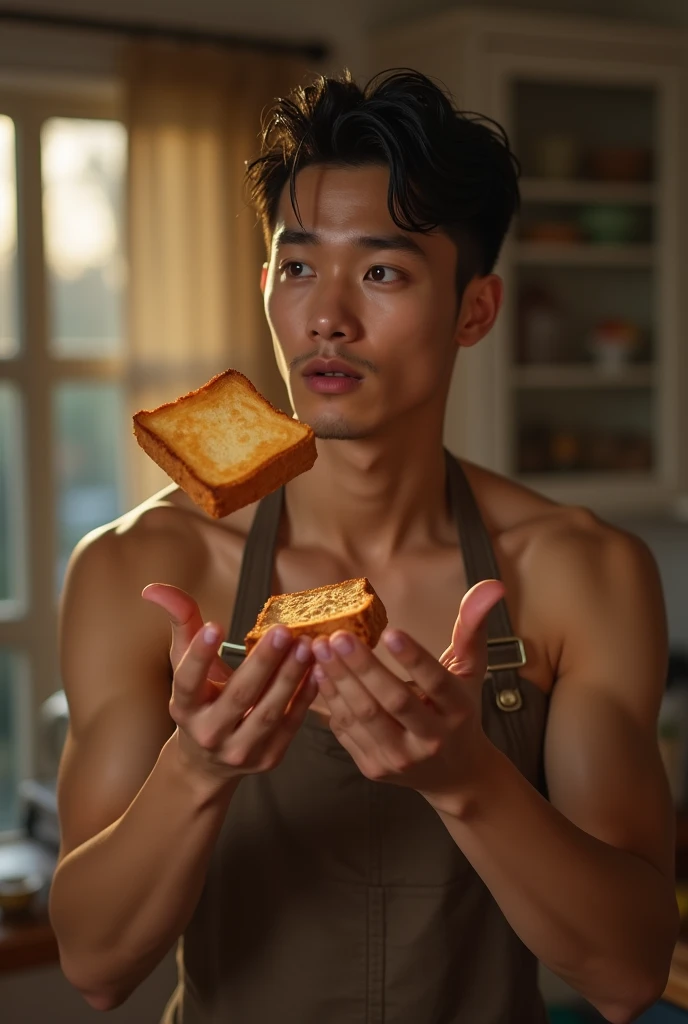 photorealistic, best quality, masterpiece, extremely detailed, sexy, homoerotic, extremely handsome, 20 year old muscular vietnamese man, muscular, (surprised expression), wearing only apron, in kitchen, toasted bread jumps out of a toaster, he catches the bread in mid air, extremely romantic atmosphere, perfect face, perfect fingers, perfect hands, perfection