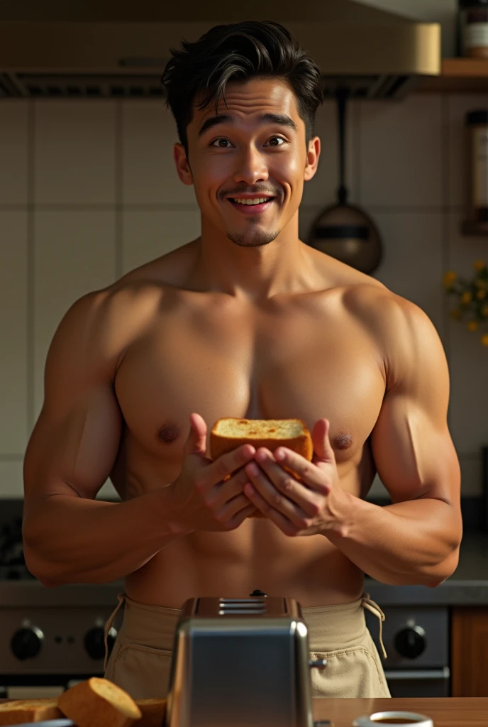 photorealistic, best quality, masterpiece, extremely detailed, sexy, homoerotic, extremely handsome, 20 year old muscular vietnamese man, muscular, (surprised expression), wearing only apron, in kitchen, toasted bread jumps out of a toaster, he catches the bread in mid air, extremely romantic atmosphere, perfect face, perfect fingers, perfect hands, perfection