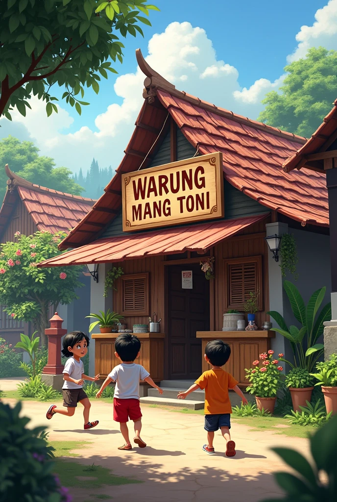 small shop with sign "warung mang toni", in rural Indonesia with children playing