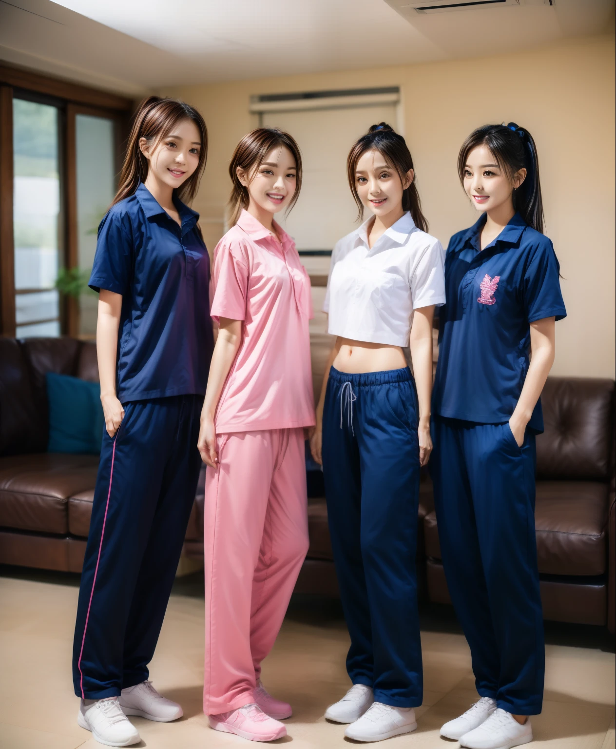 3 girls loll on sofa living room, Navy blue short-sleeved shirt,Navy Long Trackpant,Sweatpants, Sweatpantsขายาว,25 year old girl, lesbian, sexy, exercise clothes, wet body, exercise clothes