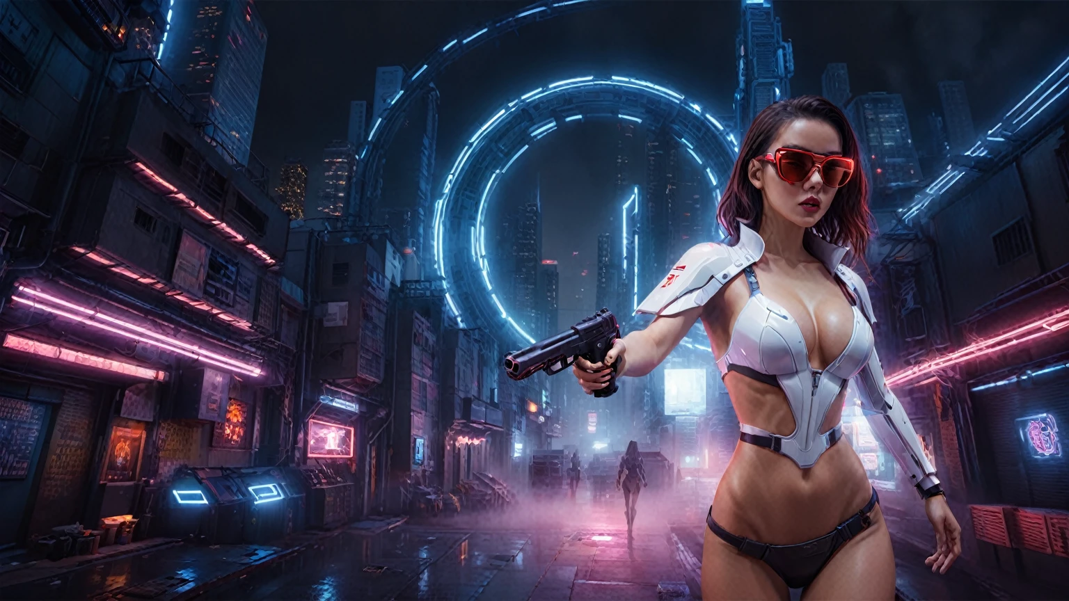 (High view). There's a cyborg woman (8k) wearing a futuristic leotard (best quality) standing in a cyberpunk city alley at night, darksynth aesthetic, red neons, haze, 1drone, foggy night, ultra detailed, photorealistic, (1girl, solo, alone), large-breast:1.2 slim body, cleavage:1.1, (black sunglasses), (holding a pistol), half-body thigh level medium shot, cinematic lighting, ray tracing.
