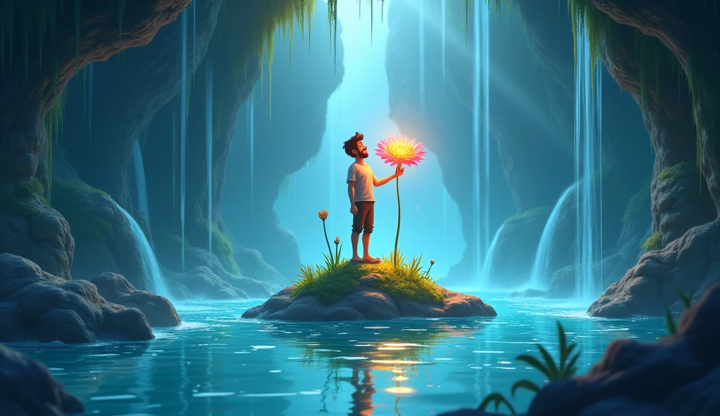 A cave, a small mound in that cave, a adult man is standing on that mound with a magical flower, water is flowing all around the mound,(YouTube thumbnail)3d cartoon image