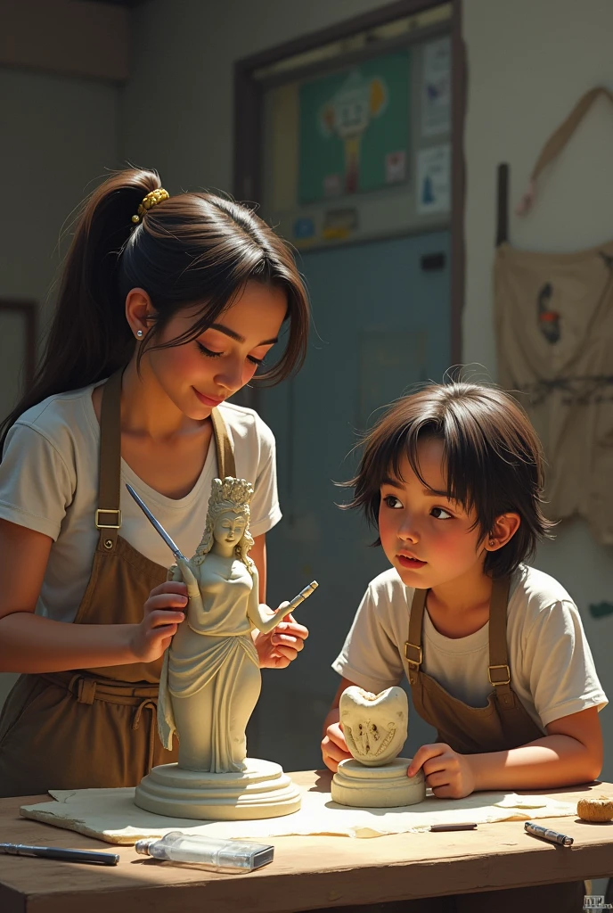 Luz Alba with her sculpture of the one-armed goddess and Edgar Travez with a sculpture of a molar, at the Faculty of Arts of the Central University in the sculpture class