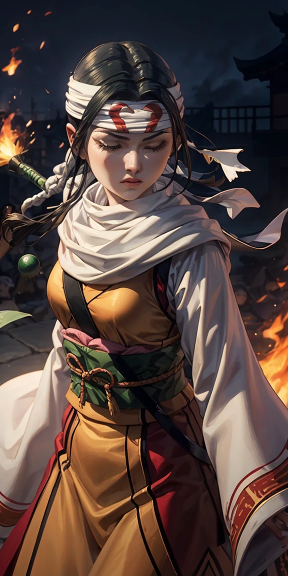 Create a dynamic portrait of a young Japanese warrior woman in three-quarter view, facing slightly to the right. Her eyes are closed in deep concentration, eyebrows slightly furrowed. Long, silky black hair is tied high on her head, with a few strands escaping to frame her face. A white headband with a round green gem sits on her forehead. Her pale skin has a soft glow, with a hint of pink on her cheeks and lips. She wears a white kosode (kimono-style top) with wide sleeves and a red hakama (pleated skirt-like pants). A green and yellow obi (sash) is tied around her waist. Dark arm wraps cover her forearms. She grips a katana with both hands, the blade crossing diagonally in front of her body from lower left to upper right. The sword's hilt is ornate, featuring green wrapping and gold accents. The character is in motion, her clothing and hair flowing dramatically. White and red fabric billows behind her, creating sweeping curves that contrast with the straight line of the sword. The background is dark and atmospheric, with hints of orange and red suggesting fire or embers. Sparks or small flames float in the air around her. Lighting is dramatic, with a strong light source from the upper left casting shadows and creating a rim light effect on the character's right side. The overall style should blend traditional Japanese art with modern fantasy illustrations, emphasizing clean lines and a sense of movement and power.