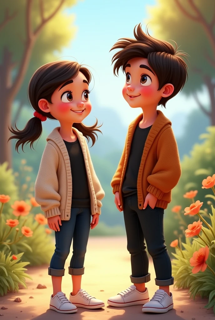 Create a Disney style girl and boy, with an open lead-colored sweater and a black t-shirt inside, black pants, White tennis