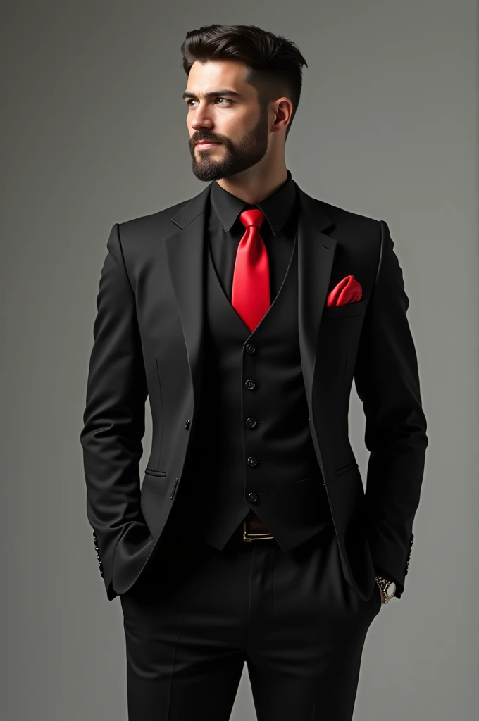 black three-piece suit, black shirt, Red tie