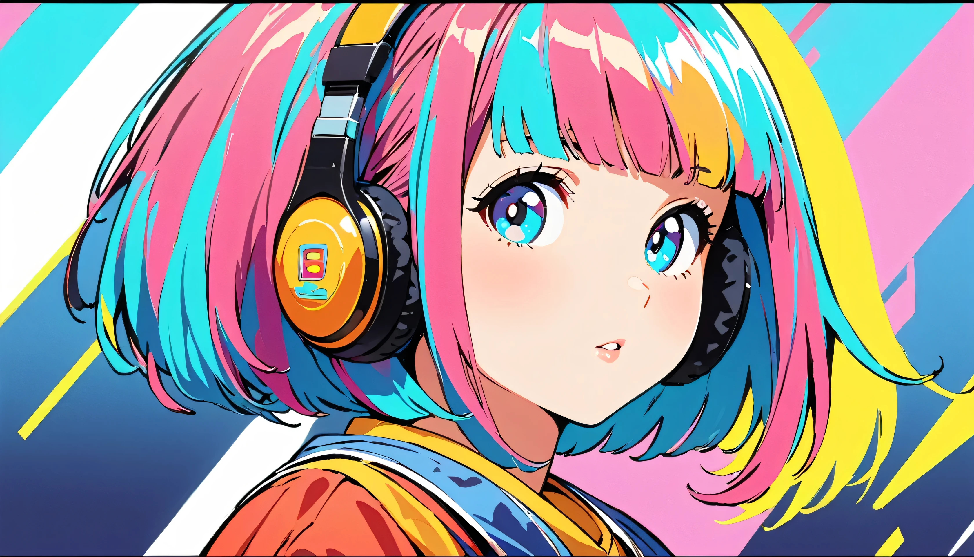 (Highest quality:1.2, City Pop Style, Very detailed, up to date, Vibrant, High Contrast, masterpiece:1.2, Highest quality, Best aesthetics), , ((Face Up Shot:1.4)), Colorful Hair, Bobcut, pastel colour, 1980s style, ((Retro, Vintage, Plain background))　Headphones,drawing