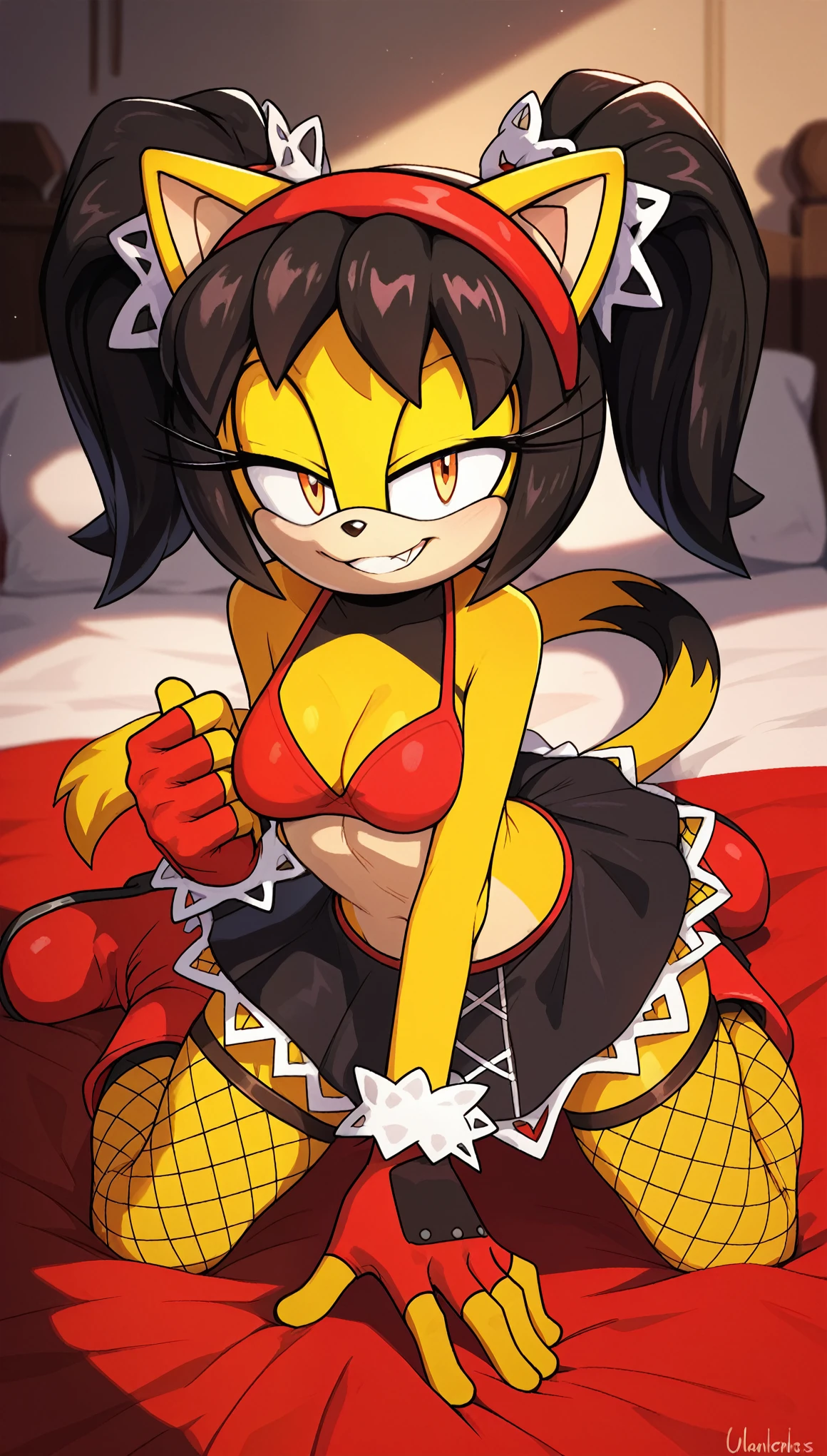 Seductive expression, 1girl, cute grin, anthro, furry, fur, fluffy fur, honey the cat, sonic (series), black hair, twintails, frilly hairbands, red bikini, black skirt, fishnet stockings, fishnet armwear, red boots, red hairband, fingerless gloves (red gloves), (19 years), medium breast, thick thighs, solo, (bedroom), detailed, (orange eyes), (half-closed eyes), doggystyle, over bed, score_9, score_8_up, score_7_up, score_6_up, score_5_up, score_4_up