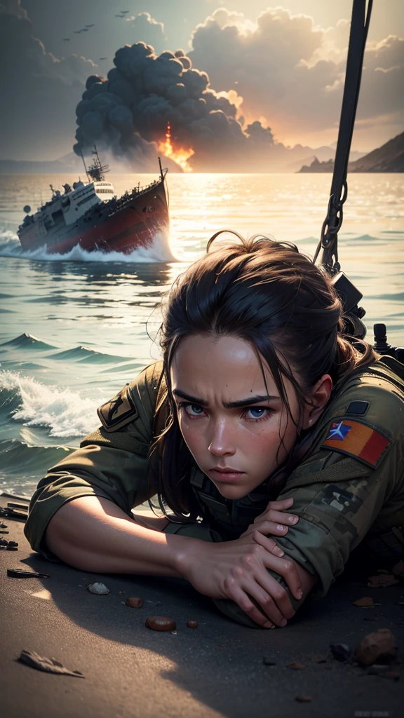 soldier, staring overhead, terrifed, bottom of an island, destroyed ship, war scene.