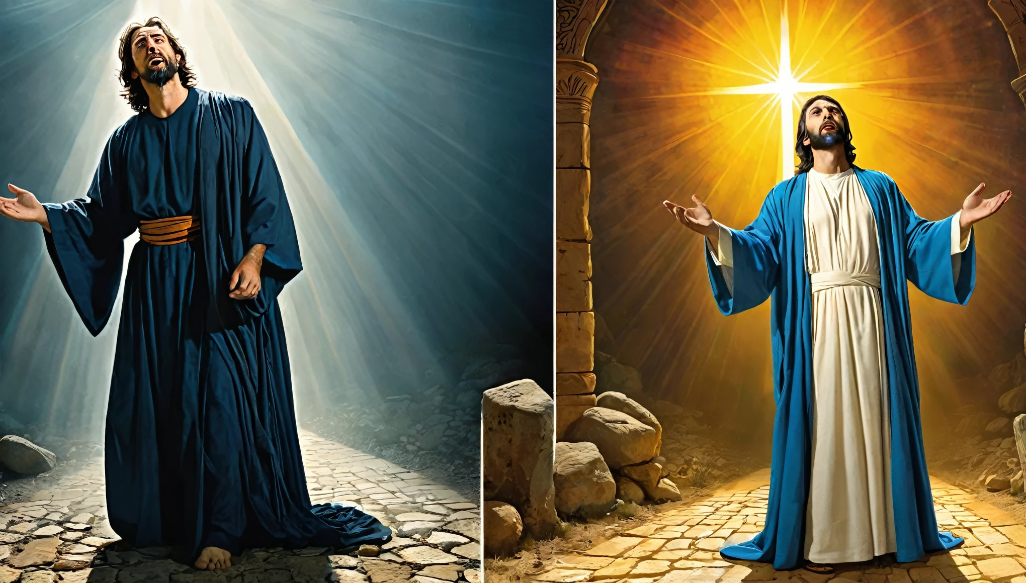    Central Image:



Paul in two moments: Stalker: Severe expression, dark clothes, frown, holding stones/swords (symbolizing persecution).

Apostle: Serene face, white/clear robes, hands in prayer position, divine light around (symbolizing faith). Close up in Paul: Tears in the eyes, representing repentance and conversion. Stylized illustration: conveying the timelessness of history. Additional Elements: Rays of light (divine revelation). Scenes: Paul falling off his horse on the road to Damascus (conversion).
Color Combinations: Vibrant colors: Yellow, orange and blue to catch the eye and convey Paul's epic journey.