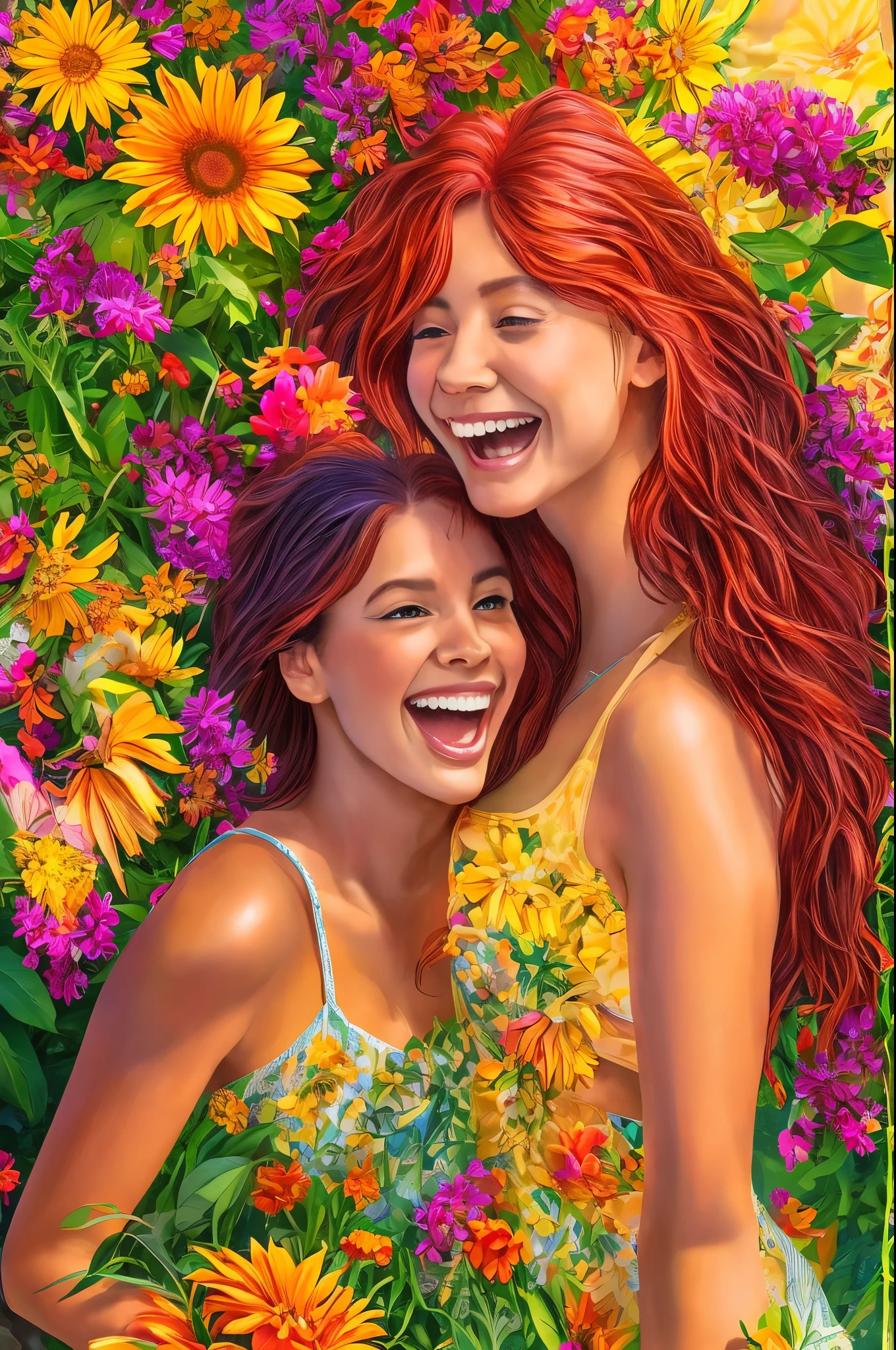 a beautiful young woman with long red hair, a beautiful young woman with short brown hair, two friends laughing HYSTERICALLY together, bright happy expressions, natural light, outdoor garden setting, colorful flowers, lush greenery, warm summer day, vibrant colors, high detail, realistic, photorealistic, 8k, best quality, masterpiece