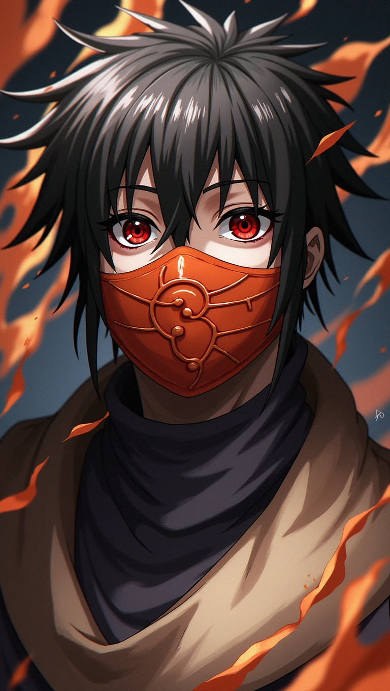 PHOTO OF QNIME CHARACTER "OBITO UCHIHA" WITH CHRIKAS MASK COVERING HIS FACE IN ORANGE WITH CIRCLE LINE,