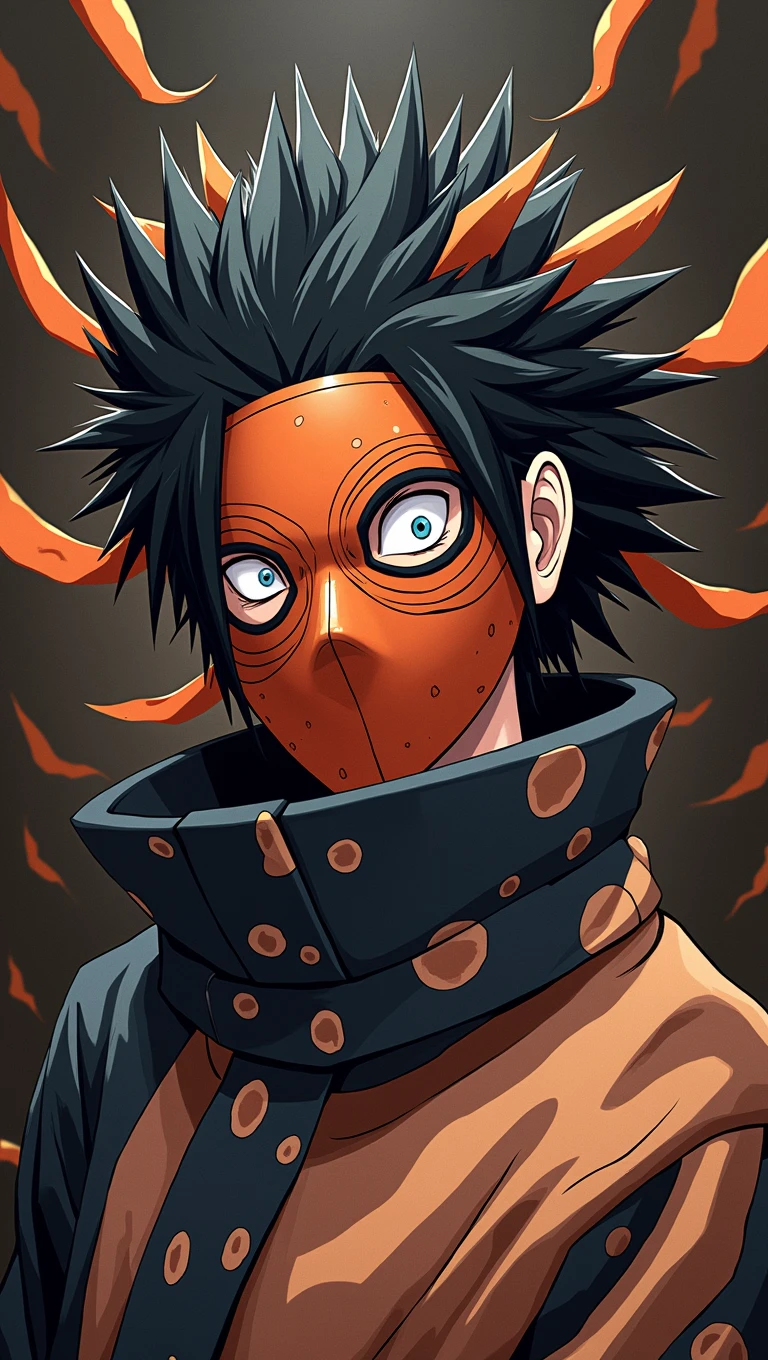 PHOTO OF QNIME CHARACTER "OBITO UCHIHA" WITH CHRIKAS MASK COVERING HIS FACE IN ORANGE WITH CIRCLE LINE,