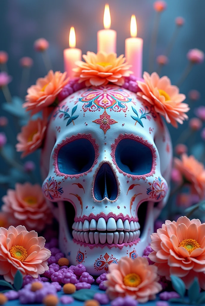 Sugar skull with candles in the shape of a crown and marigold flowers in pastel colors